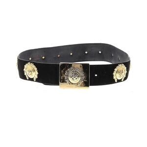 VTG Stephen Collins Leather Brass Statement Belt Black Gold Size 3 - 33” Long